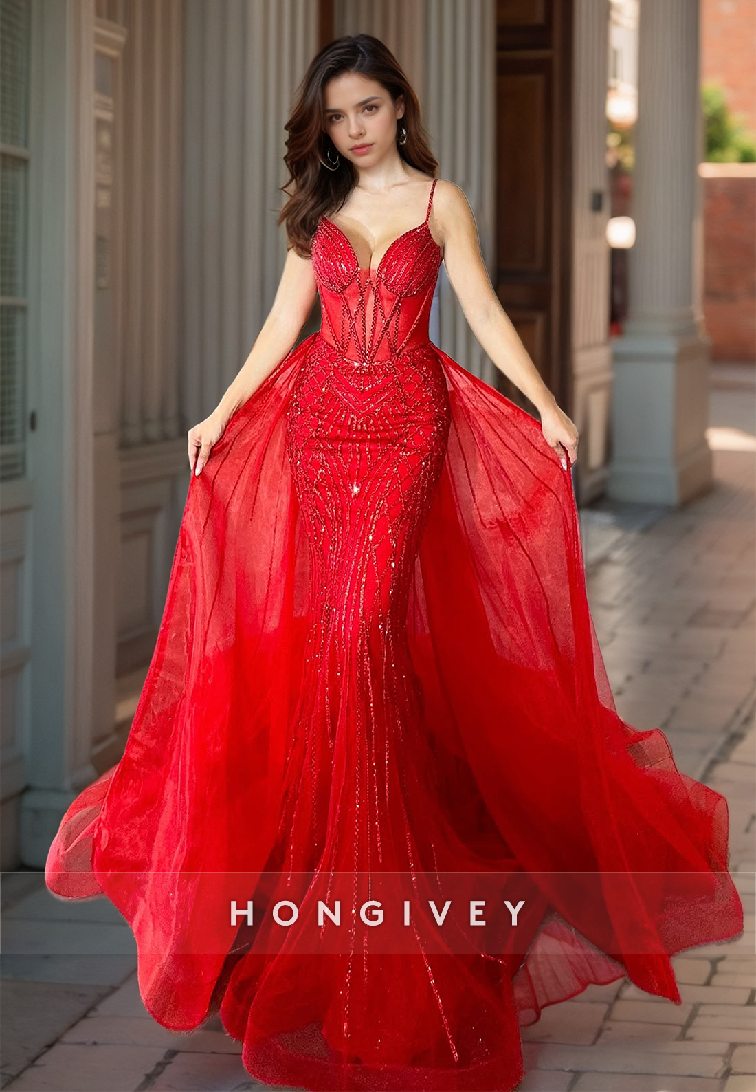 HONGIVEY Gorgeous Mermaid Formal Evening Dress Glitter Straps Sweetheart Prom Gown