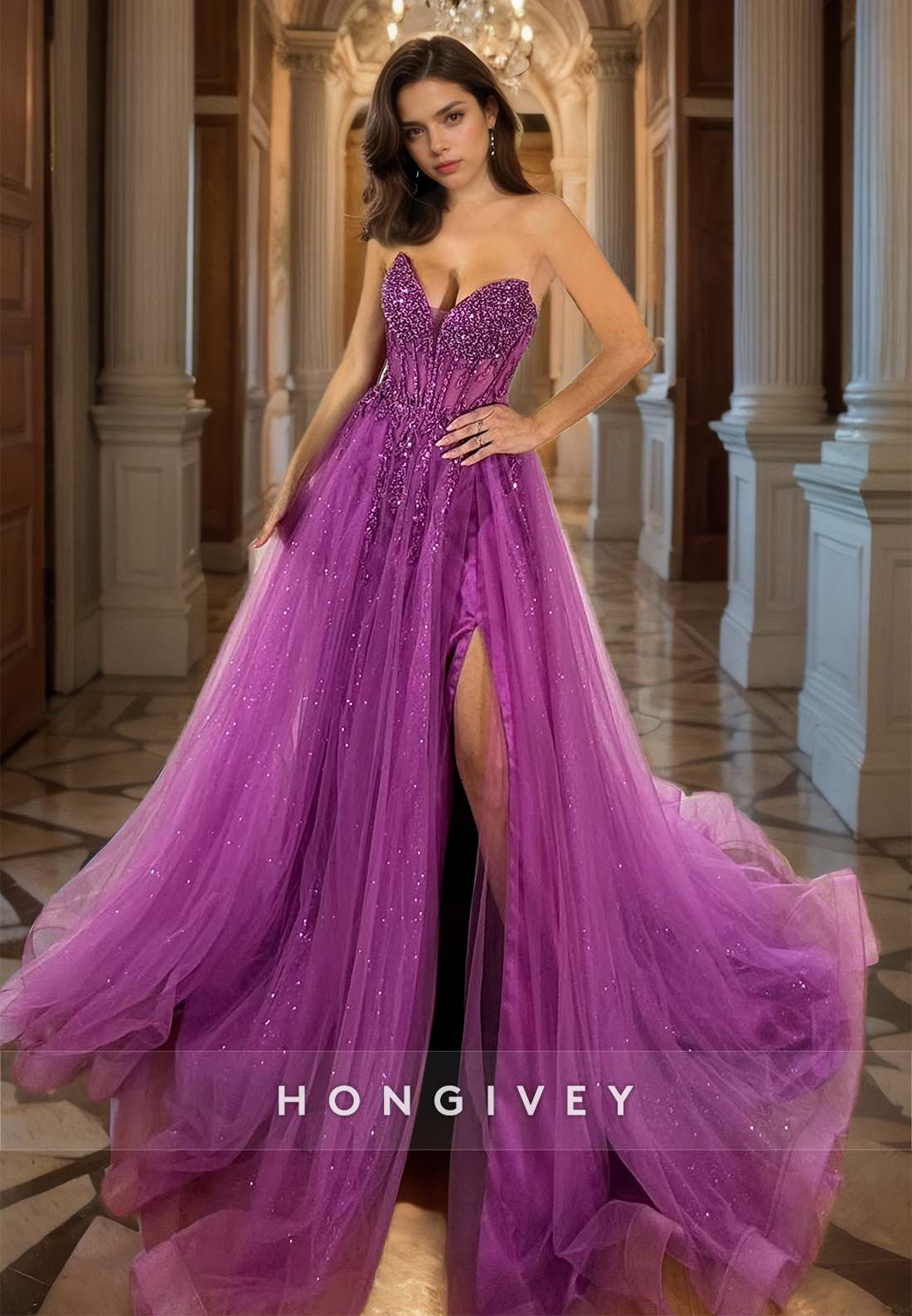 HONGIVEY Gorgeous Glitter Purple Organza Formal Evening Dress A-Line Strapless Long Prom Gown