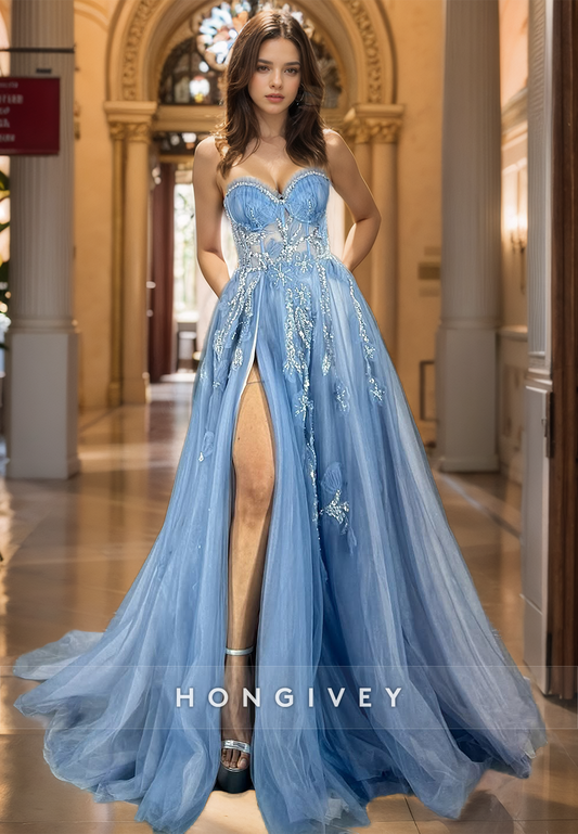 HONGIVEY Gorgeous Butterfly Organza Prom Gown Strapless A-Line Long Formal Evening Dress