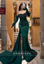 HONGIVEY Gorgeous Pine Beaded Mermaid Formal Evening Dress Elegant Sleeves Prom Gown