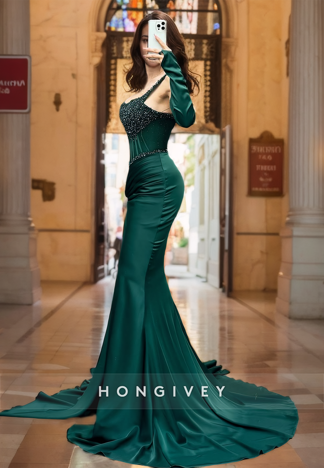 HONGIVEY Gorgeous Pine Beaded Mermaid Formal Evening Dress Elegant Sleeves Prom Gown