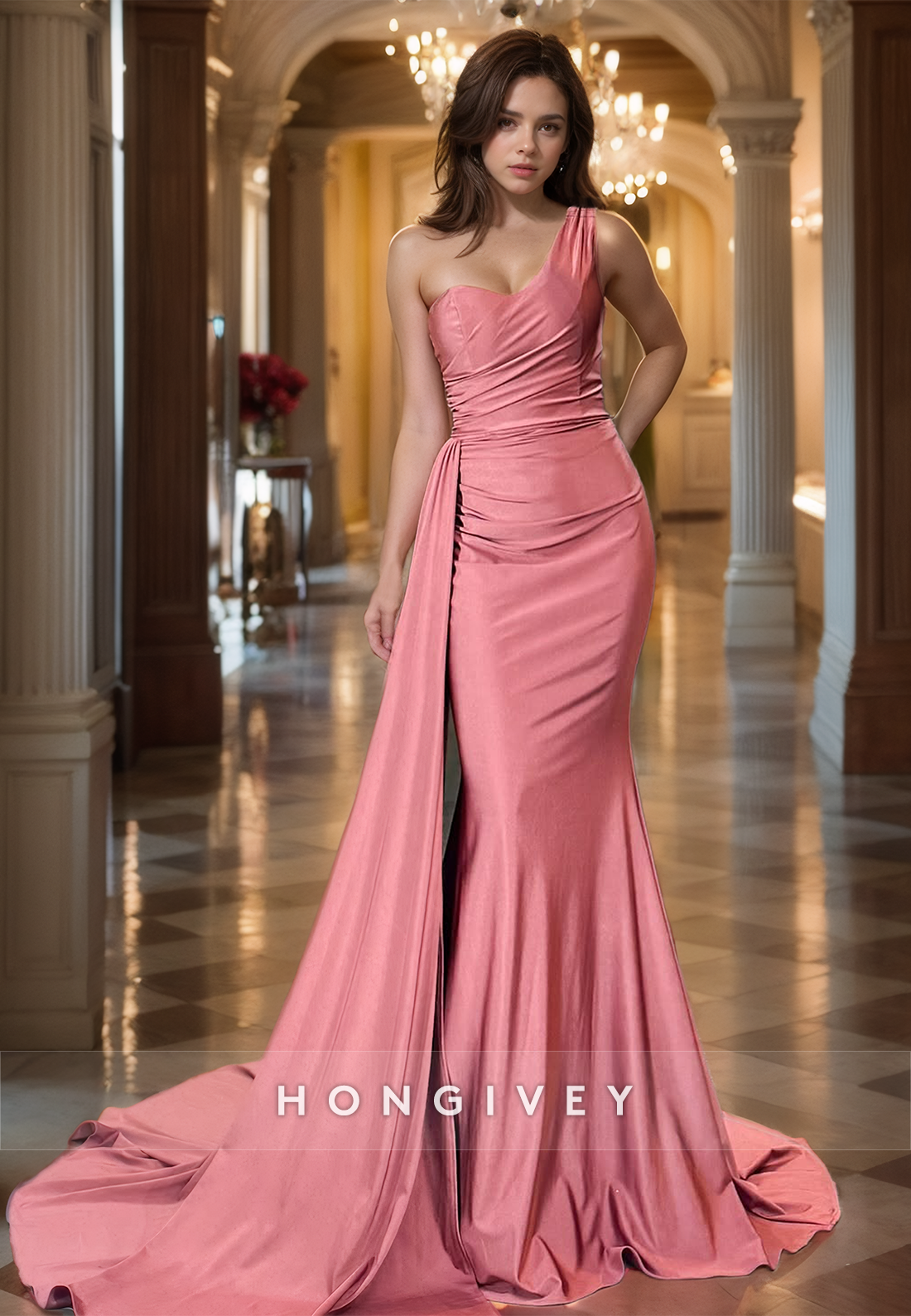 HONGIVEY Elegant One Shoulder Long Mermaid Formal Evening Dress with Train Prom Gown