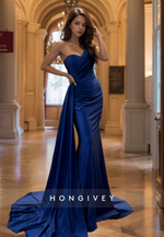 HONGIVEY Elegant One Shoulder Long Mermaid Formal Evening Dress with Train Prom Gown