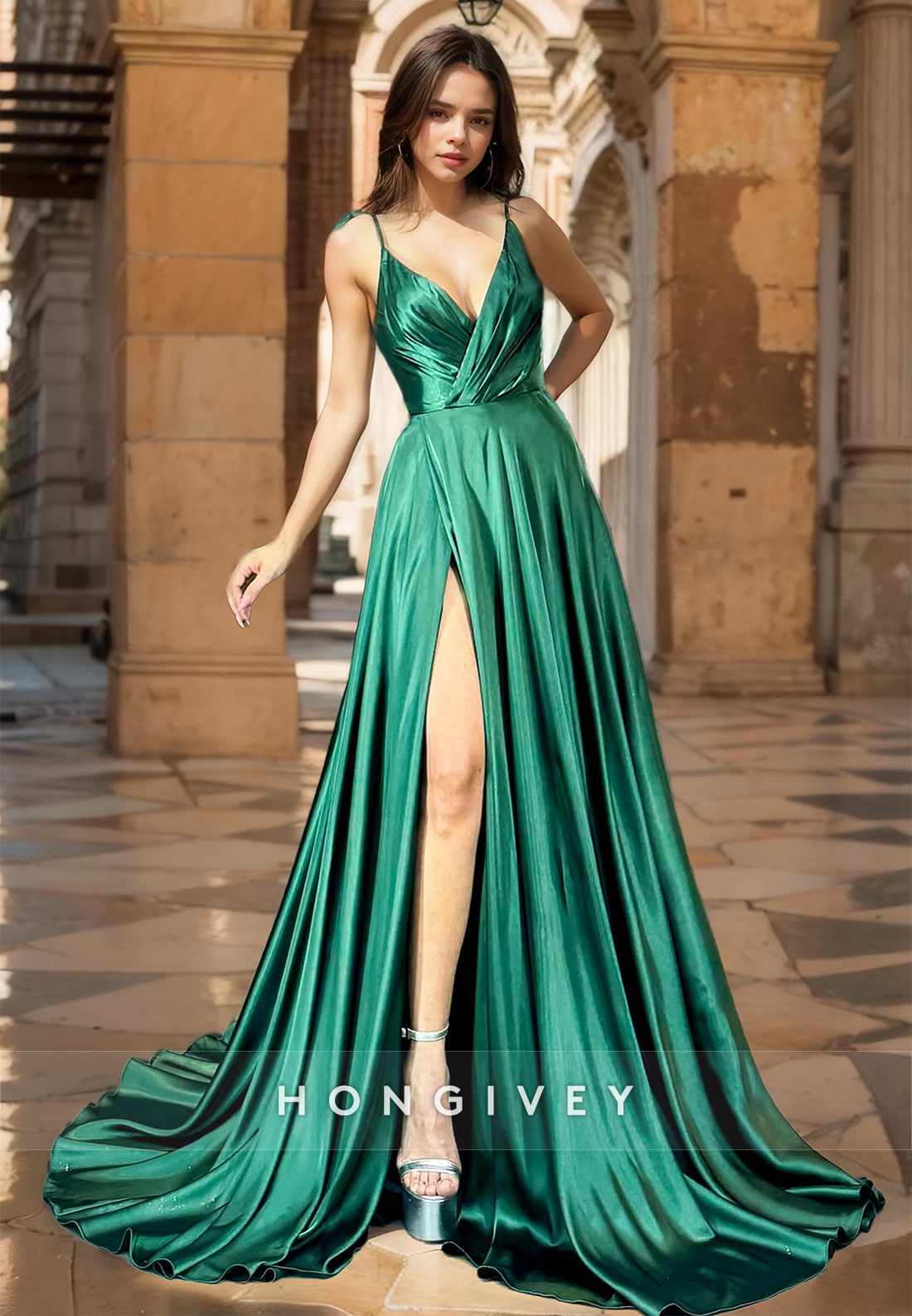 HONGIVEY Classic V-Neck Straps A-Line Formal Evening Dress Long Party Gown