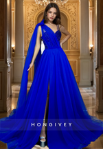 HONGIVEY Elegant Royal Blue V-Neck Formal Evening Dress with Cap Tulle Party Gown