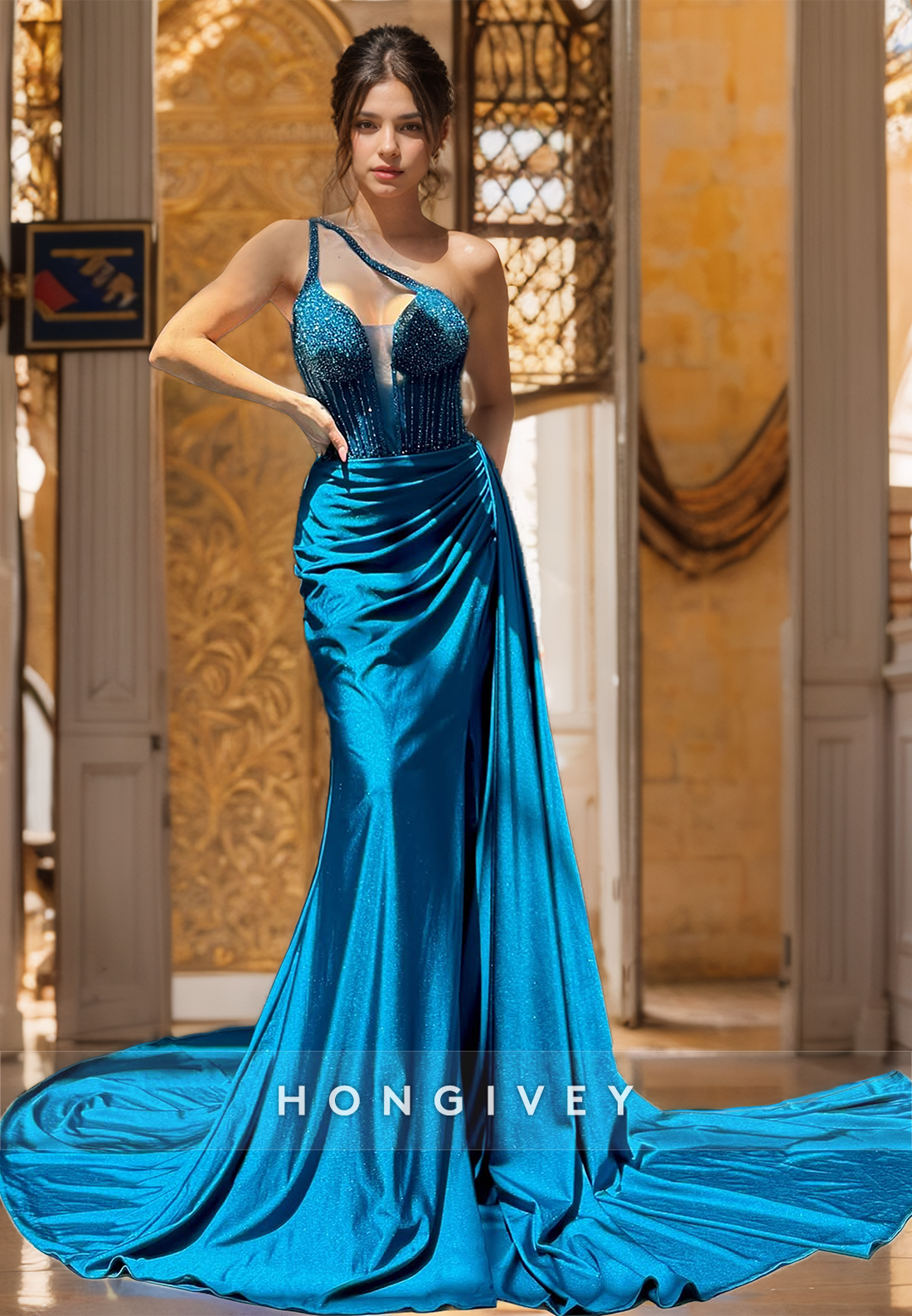 HONGIVEY Sexy Glitter Halter Mermaid Evening Dress Empire Long Prom Gown with Train