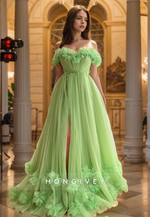 Elegant Green Organza A-Line Prom Gown Off-Shoulder Floor Length Formal Party  Dress