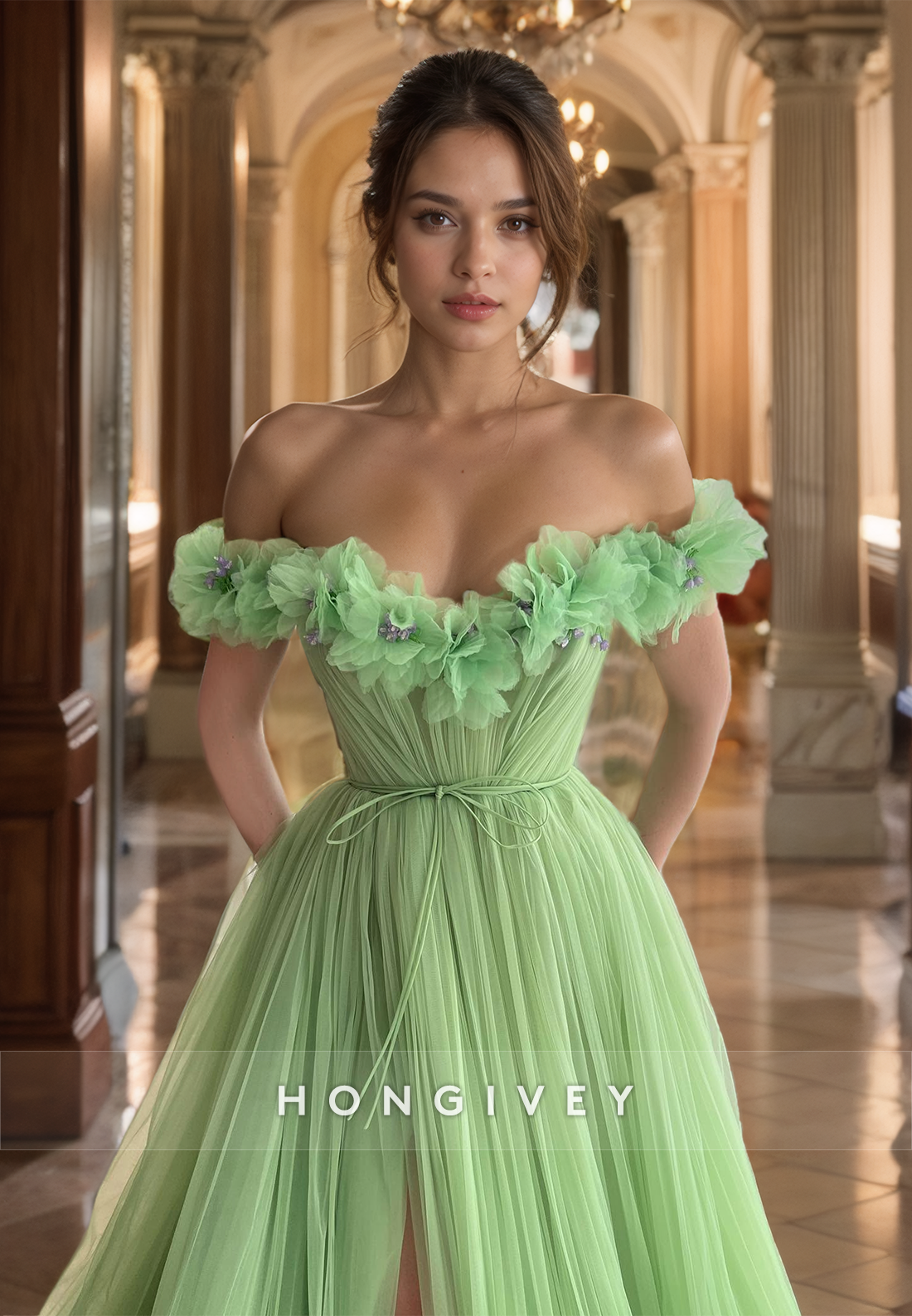 Elegant Green Organza A-Line Prom Gown Off-Shoulder Floor Lenghth Formal Party  Dress