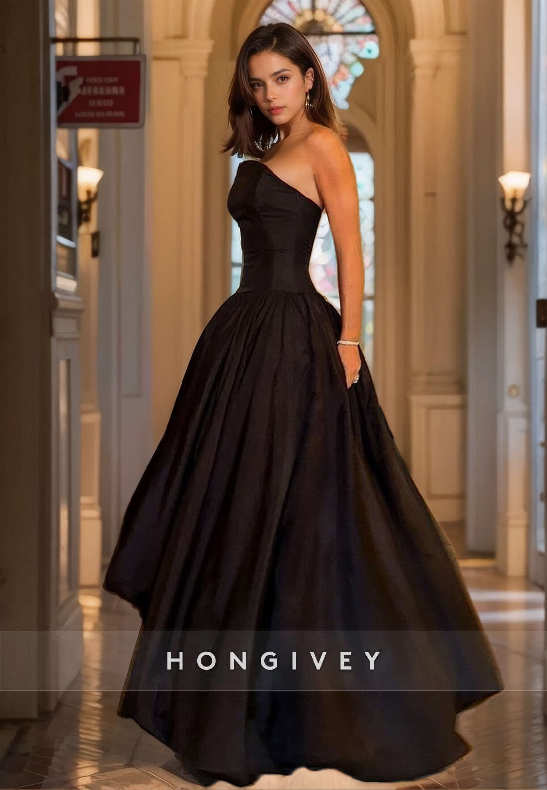 Simple Solid Black A-Line Sleeveless Satin Formal Evening Gown Party Dress