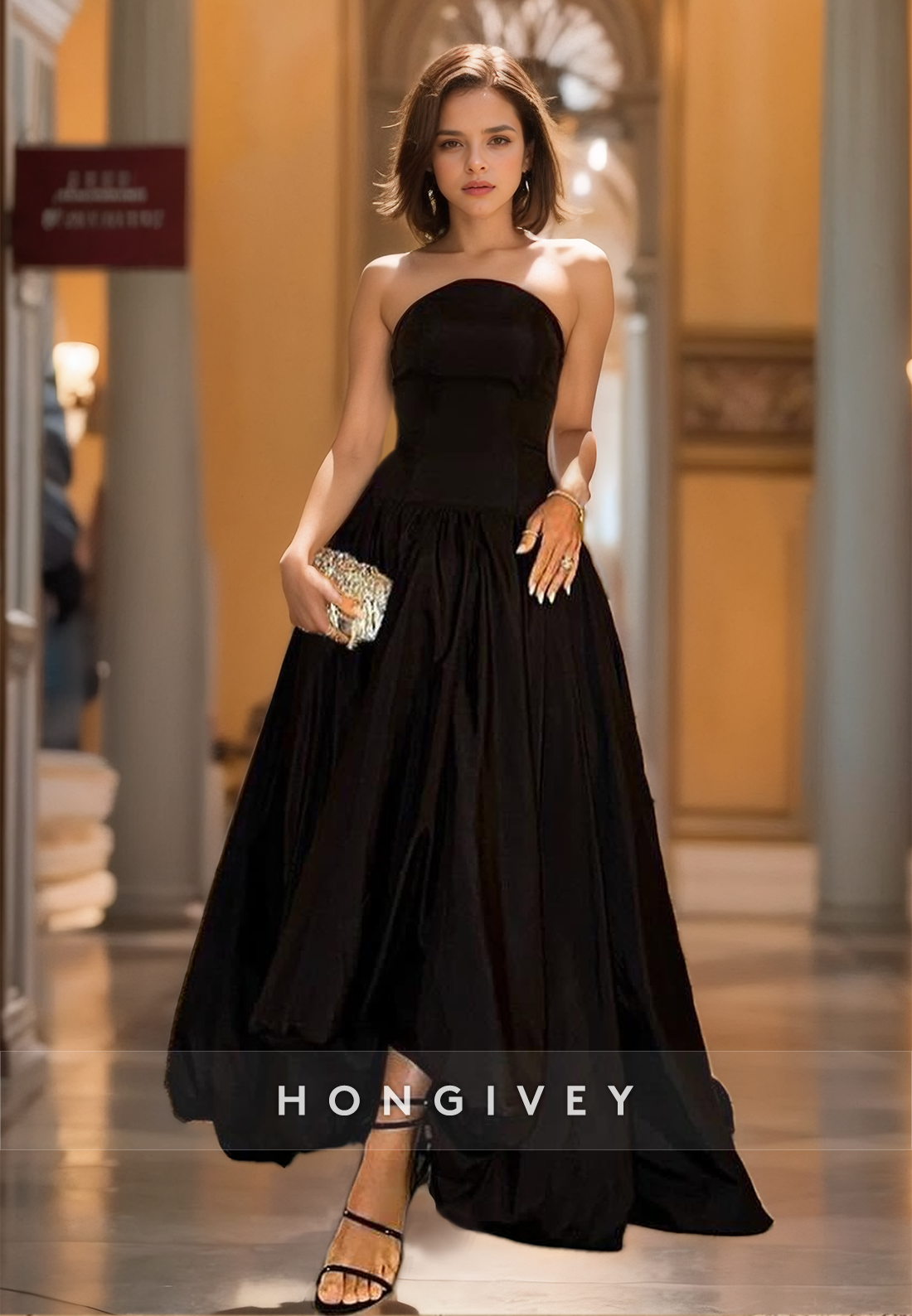 Simple Solid Black A-Line Sleeveless Satin Formal Evening Gown Party Dress