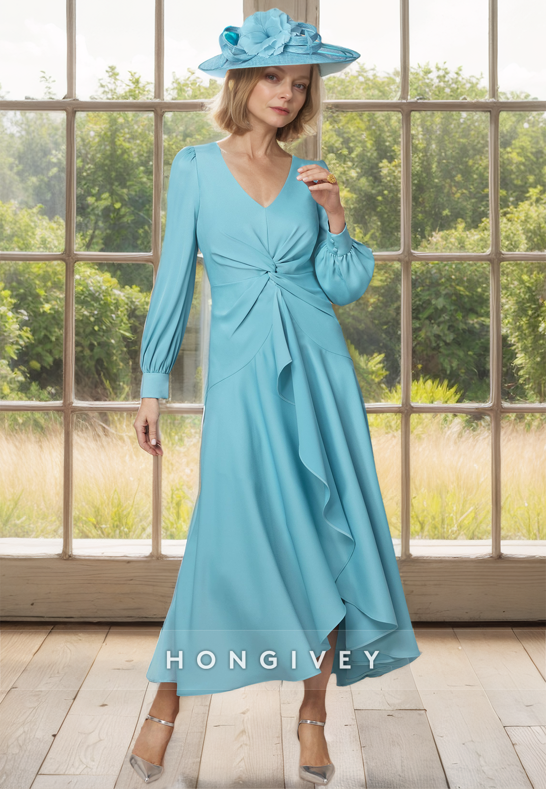 HONGIVEY Plus Size Chiffon Mother of the Bride Dress Long Sleeves A-Line Wedding Guest Gown