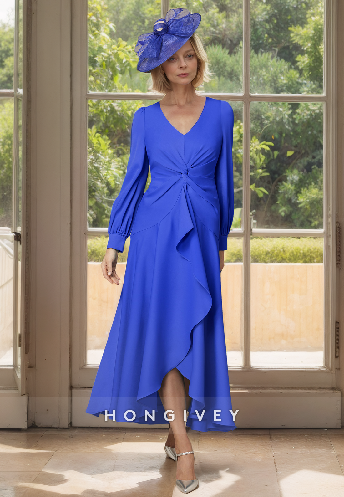 HONGIVEY Plus Size Chiffon Mother of the Bride Dress Long Sleeves A-Line Wedding Guest Gown