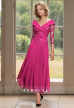 HONGIVEY Elegant Lace Applique Half Sleeves V-NeckA-Line Mother of the Bride Dress