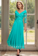 HONGIVEY Elegant Lace Applique Half Sleeves V-NeckA-Line Mother of the Bride Dress