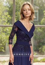 HONGIVEY Elegant Lace Applique Half Sleeves V-NeckA-Line Mother of the Bride Dress