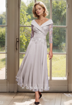 HONGIVEY Elegant Lace Applique Half Sleeves V-NeckA-Line Mother of the Bride Dress