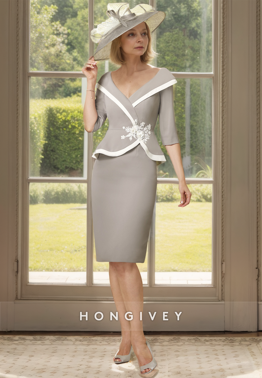 HONGIVEY V-Neck Applique Knee Length Sheath Mother of the Bride Dress