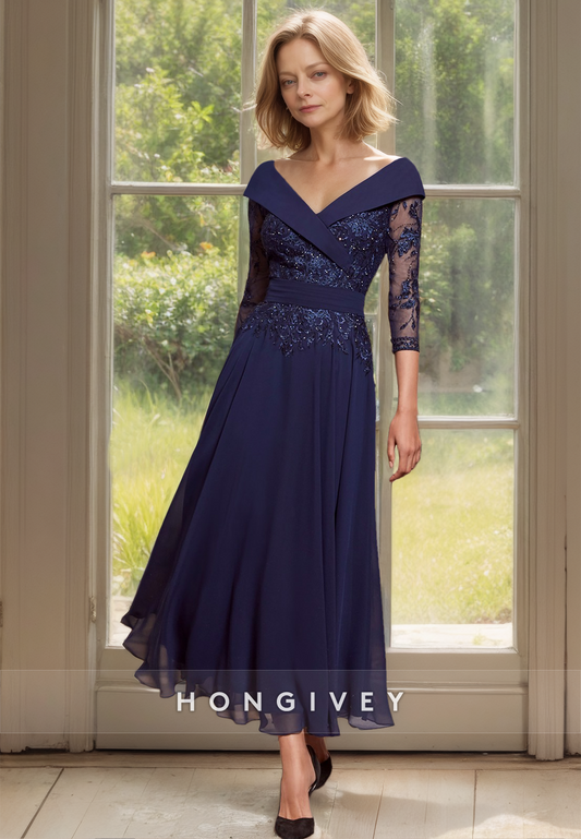 HONGIVEY Elegant Lace Applique Half Sleeves V-NeckA-Line Mother of the Bride Dress