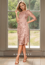 HONGIVEY Tow Piece Mother of the Bride Dress with Blet Sleeves Lace Applique Sheath Midi Dresses