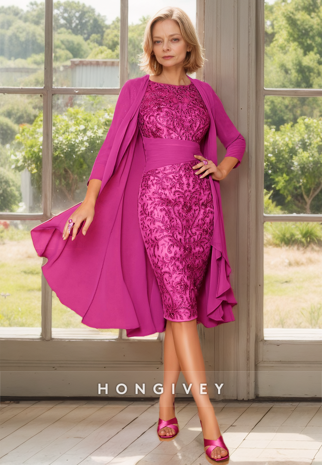 HONGIVEY Tow Piece Mother of the Bride Dress with Blet Sleeves Lace Applique Sheath Midi Dresses