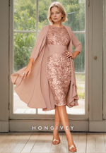 HONGIVEY Tow Piece Mother of the Bride Dress with Blet Sleeves Lace Applique Sheath Midi Dresses