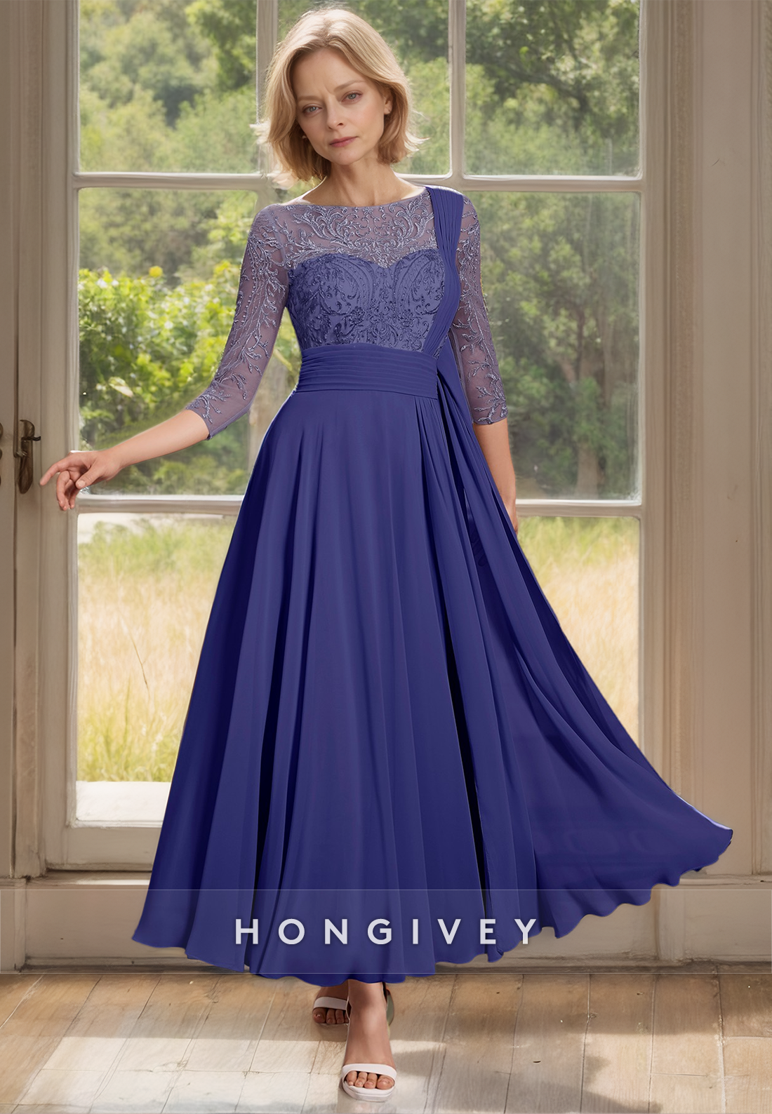 HONGIVEY Tulle A-Line Mother of the Bride Dress Sleeves Applique Long Wedding Guest Gown