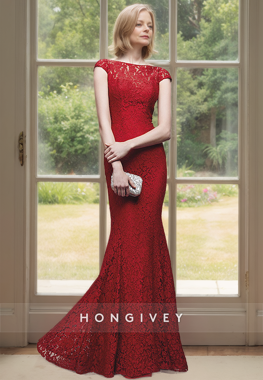 HONGIVEY Lace Mermaid Wedding Guest Gown Off-Shoulder Backless Red Sexy Formal Dress