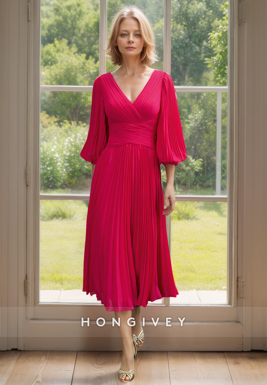 HONGIVEY Classic Red V-Neck Half Sleeves Chiffon Mother of the Bride Dress Midi Dresses