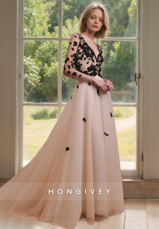 HONGIVEY Floor Length Chiffon Mother of the Bride Dress Long Sleeves Applique Wedding Guest Dresses