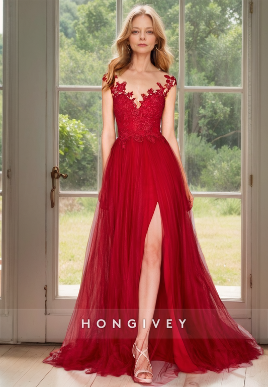 HONGIVEY Red V-Neck Backless Tulle Wedding Guest Gown Side Slit Floor Length Dress