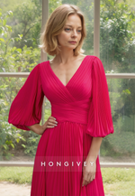 HONGIVEY Classic Red V-Neck Half Sleeves Chiffon Mother of the Bride Dress Midi Dresses