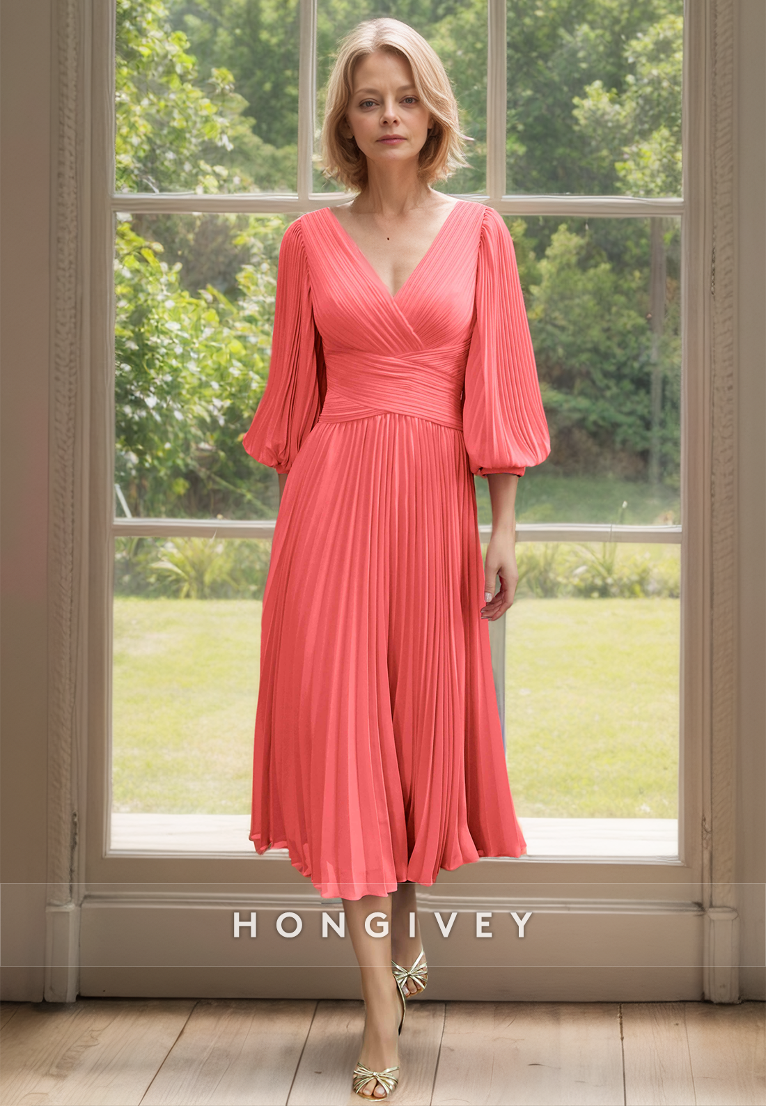 HONGIVEY Classic Red V-Neck Half Sleeves Chiffon Mother of the Bride Dress Midi Dresses