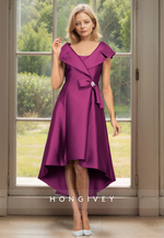 HONGIVEY High Low Satin Mother of the Bride Dress with Bow A-Line Short Sleeves Midi Dresses