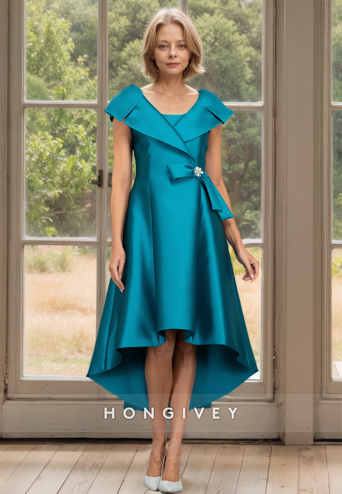 HONGIVEY High Low Satin Mother of the Bride Dress with Bow A-Line Short Sleeves Midi Dresses