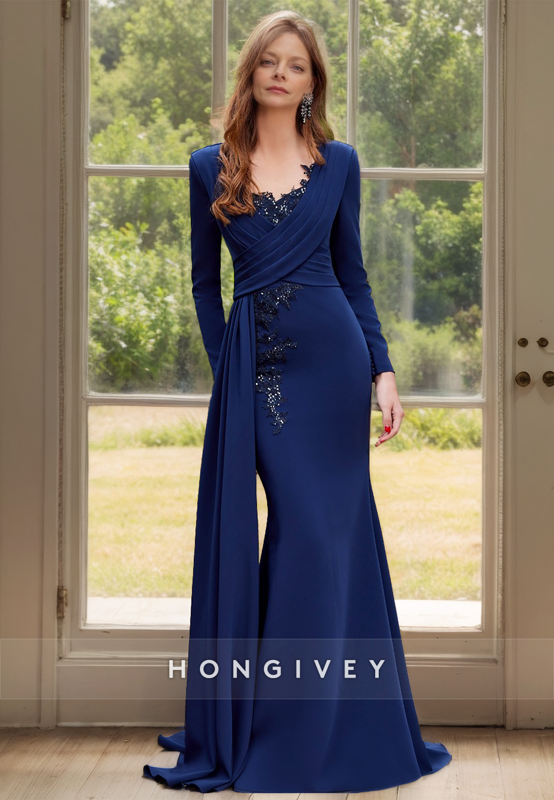 HONGIVEY Dark Navy V-Neck Long Sleeves Applique Mermaid Wedding Guest Gown with Train