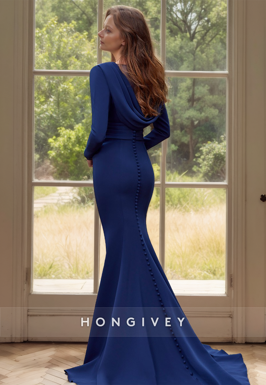 HONGIVEY Dark Navy V-Neck Long Sleeves Applique Mermaid Wedding Guest Gown with Train