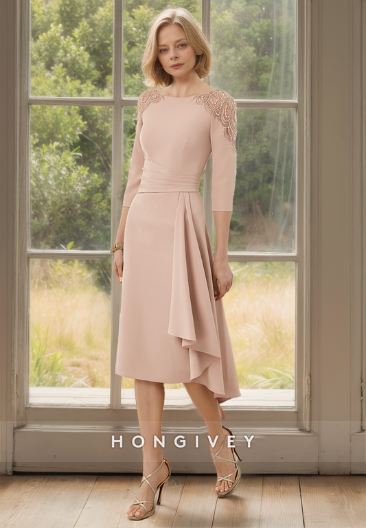 HONGIVEY New Beaded Applique Mother of the Bride Dress Sleeves Chiffon Midi Dresses