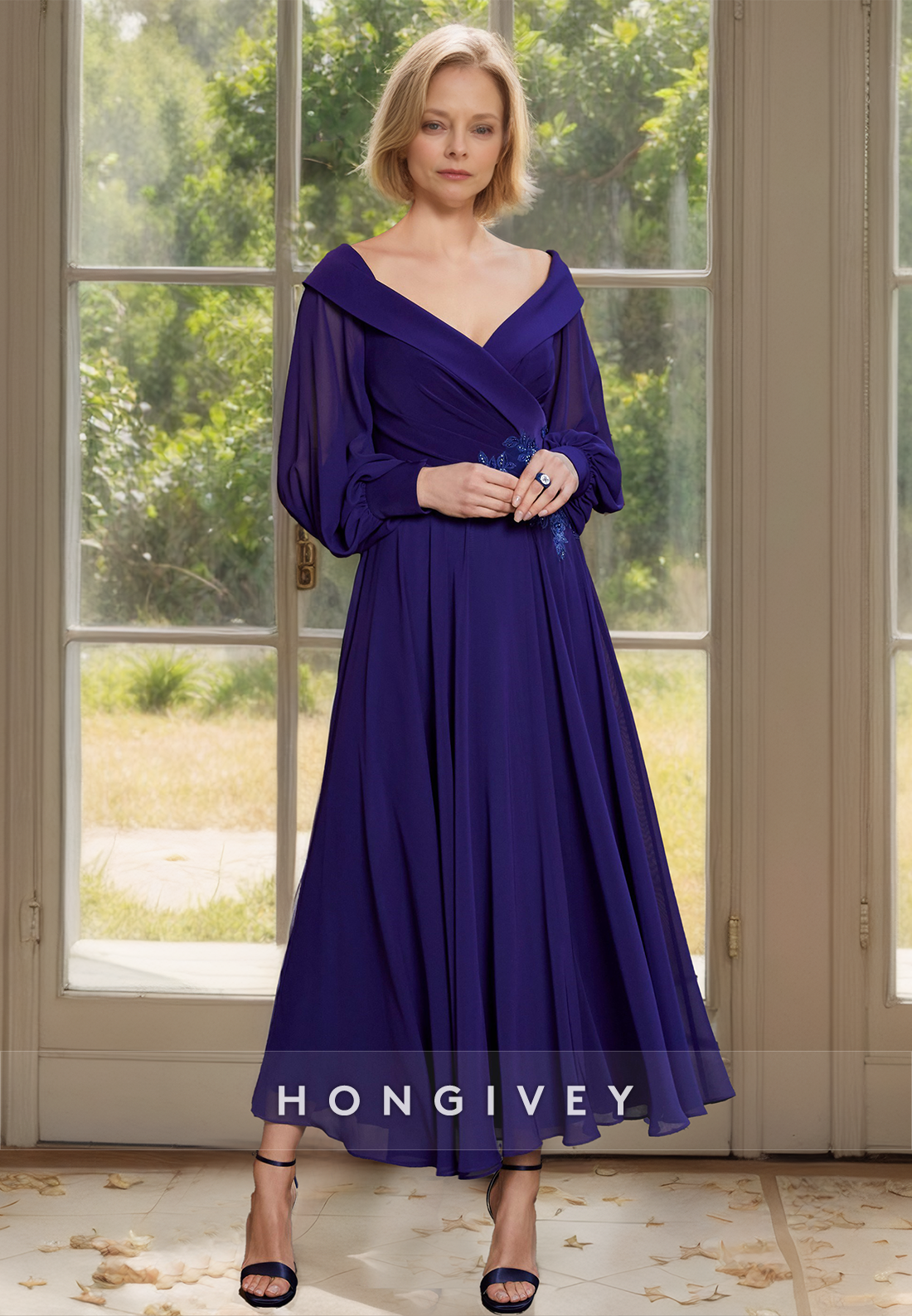 HONGIVEY Long Sleeves V-Neck A-Line Chiffon Mother of the Bride Dress with Belt