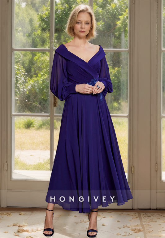 HONGIVEY Long Sleeves V-Neck A-Line Chiffon Mother of the Bride Dress with Belt