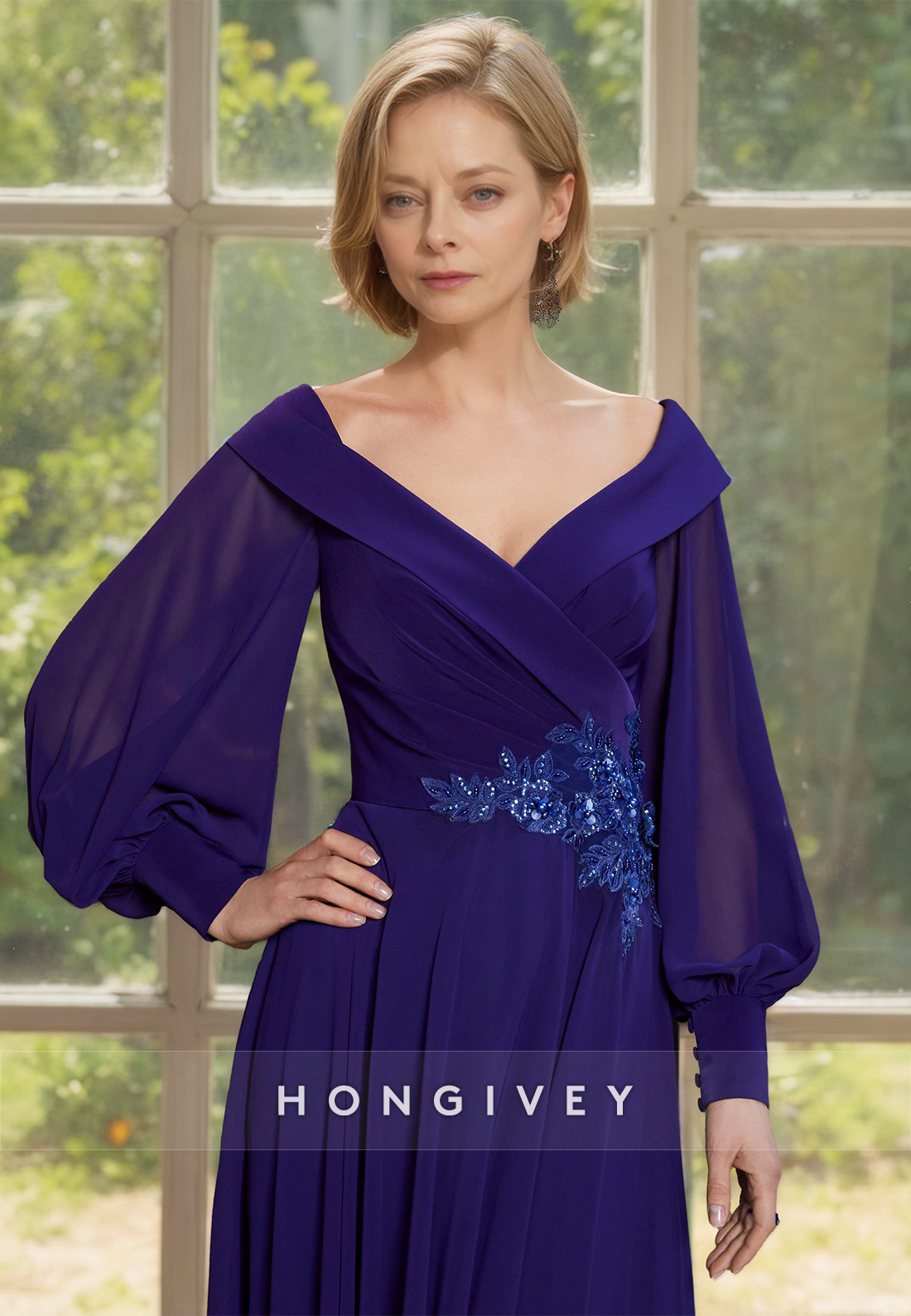 HONGIVEY Long Sleeves V-Neck A-Line Chiffon Mother of the Bride Dress with Belt