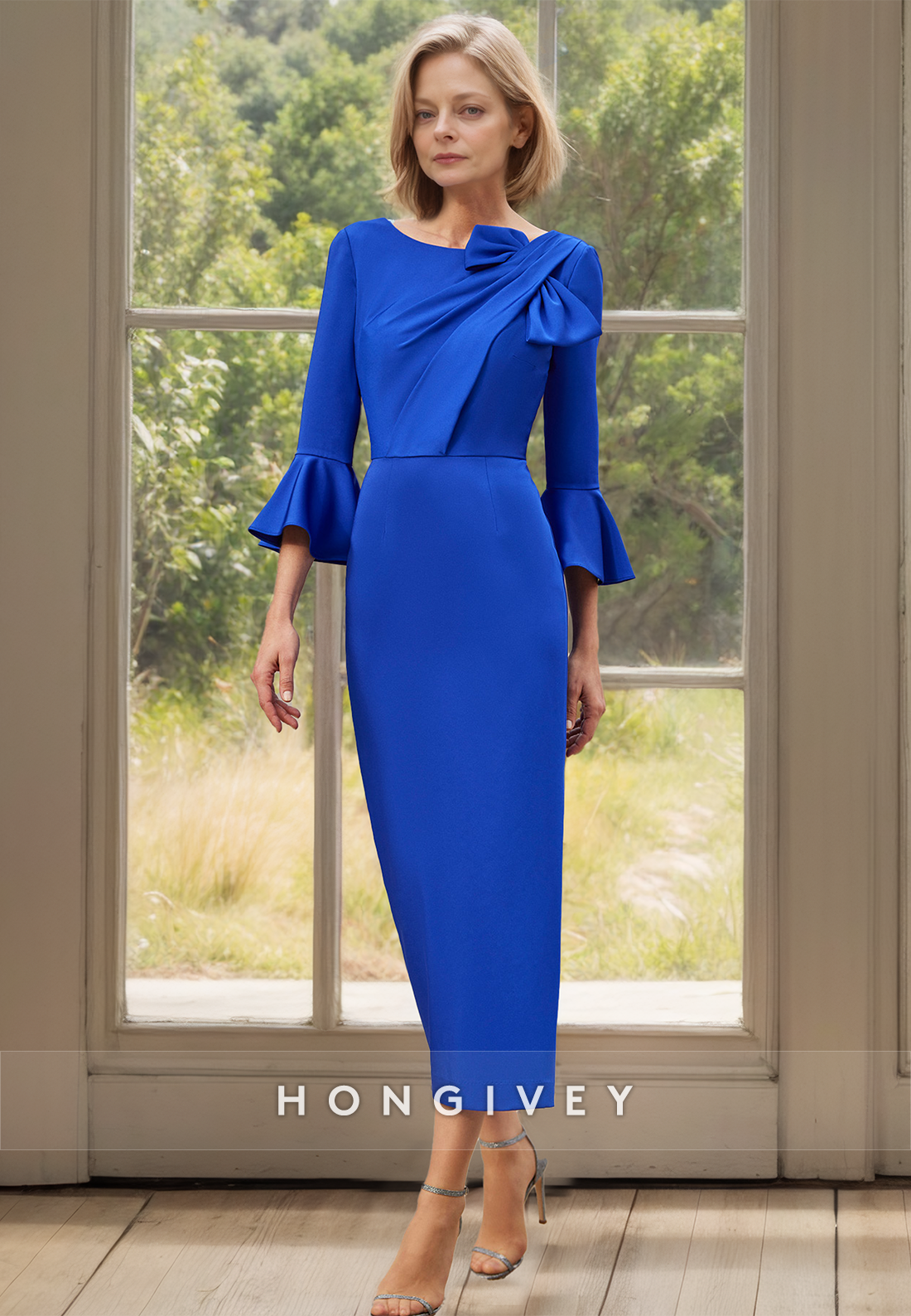 HONGIVEY Elegant Royal Blue Sheath Wedding Guest Gown Sleeves Solid Fitted Midi Dresses