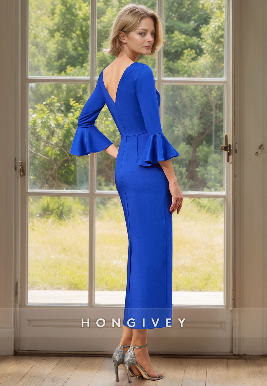 HONGIVEY Elegant Royal Blue Sheath Wedding Guest Gown Sleeves Solid Fitted Midi Dresses