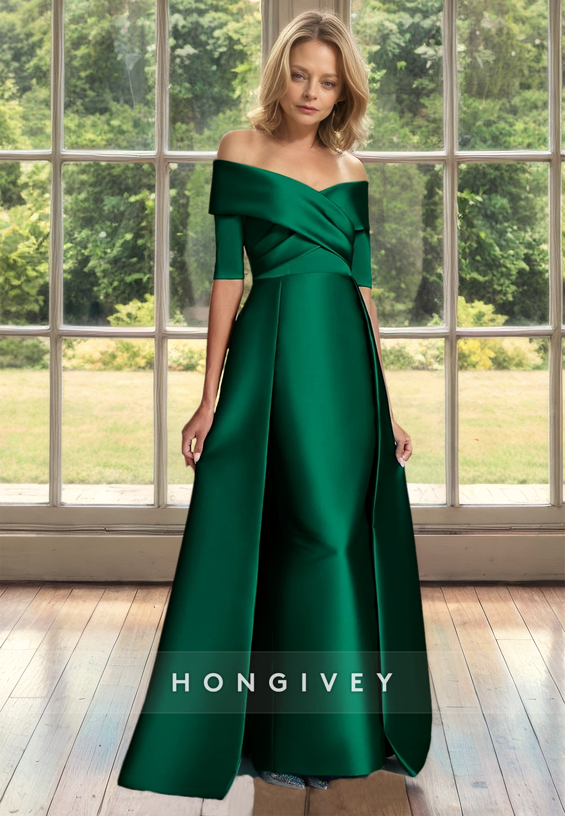 HONGIVEY Short Sleeves A-Line Satin Long Mother of the Bride/Groom Dress Wedding Gues