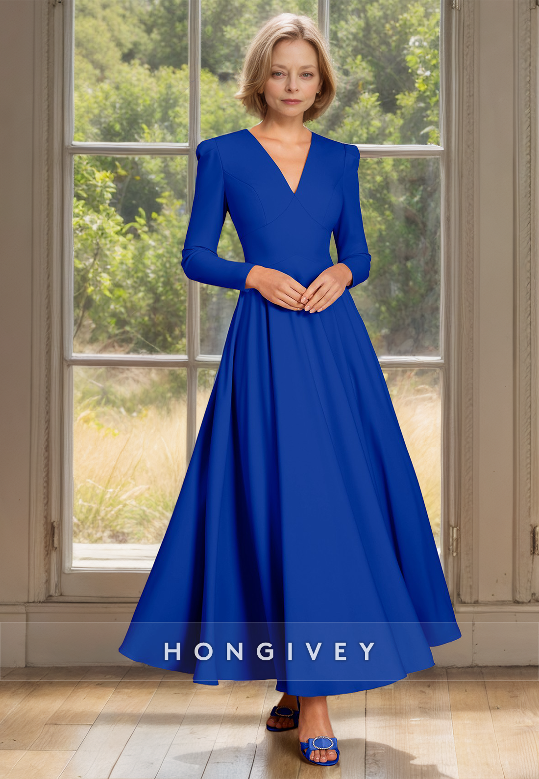 HONGIVEY V-Neck Long Sleeves Chiffon A-Line Mother of the Bride/Groom Dress Plus Size