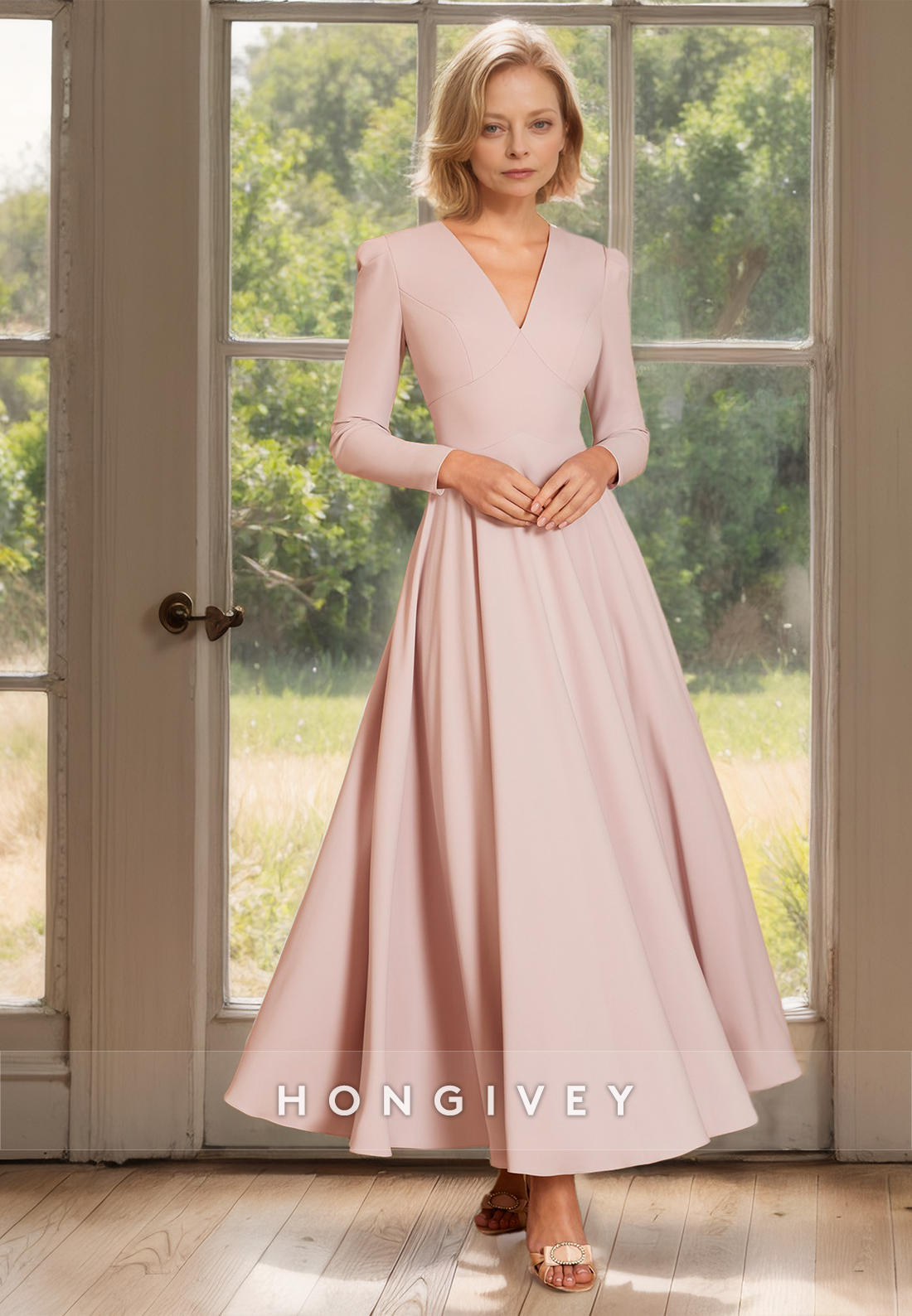 HONGIVEY V-Neck Long Sleeves Chiffon A-Line Mother of the Bride/Groom Dress Plus Size