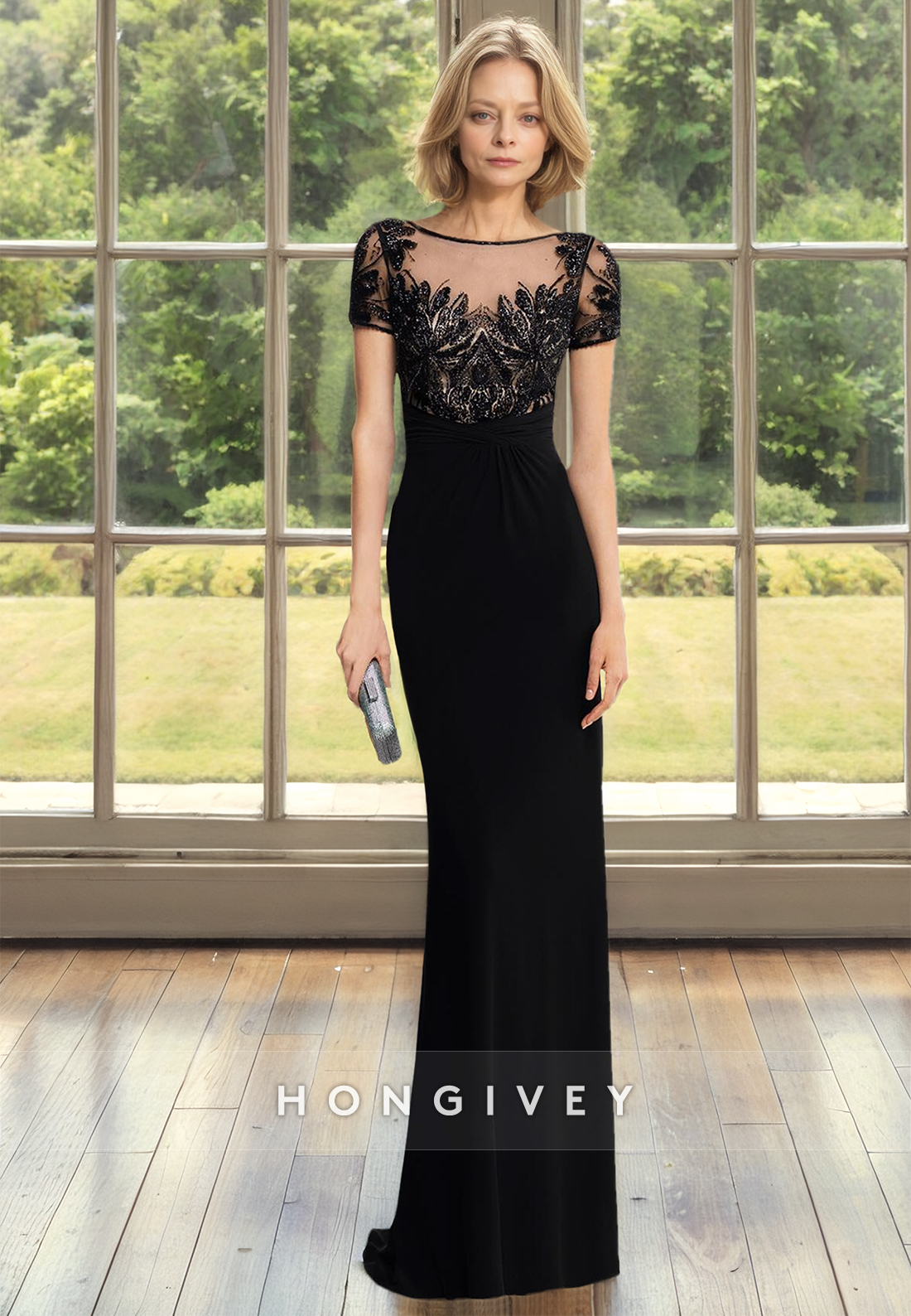 HONGIVEY Elegant Short Sleeves Lace Fitted Long Mother of the Bride/Groom Dress