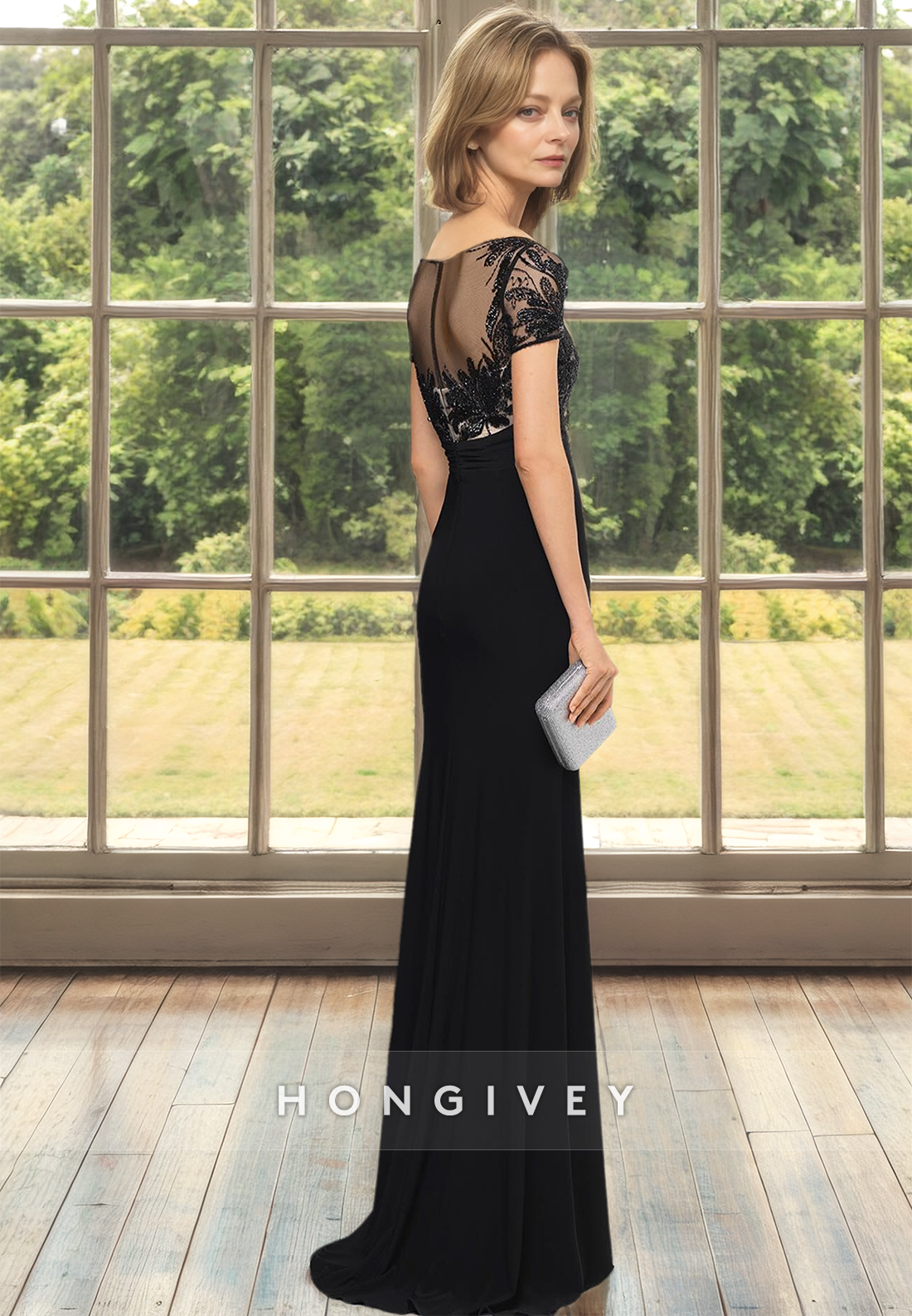 HONGIVEY Elegant Short Sleeves Lace Fitted Long Mother of the Bride/Groom Dress