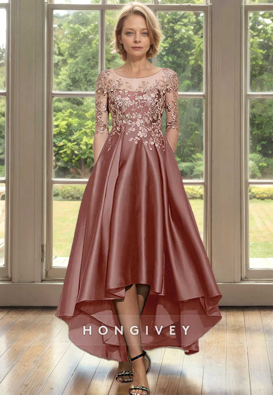 HONGIVEY Bateau Half Sleeves Lace Chiffon A-Line Mother of the Bride/Groom Dress