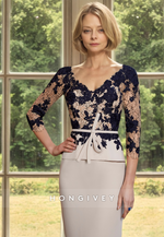 HONGIVEY Lace Applique Long Sleeves Wedding Guest Dresses Two Piece