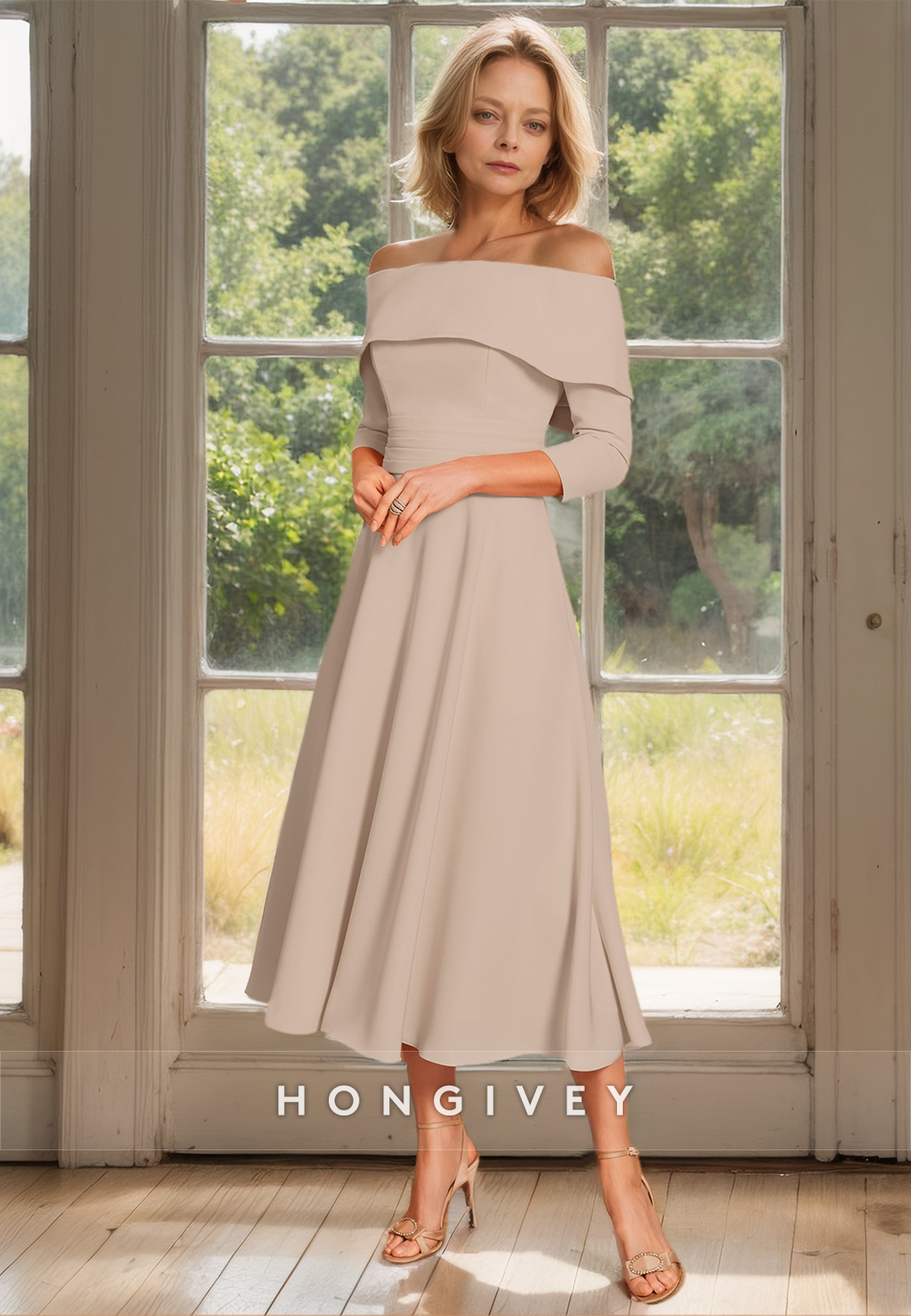 HONGIVEY Elegant Sleeves Long Chiffon Mother of the Bride/Groom Dress with Bow